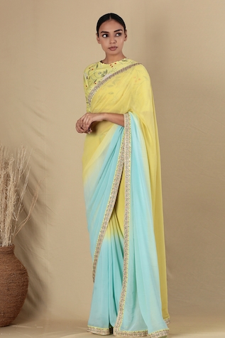 Blue Lotus Design Ombre Embroidered Hem Saree With Blouse