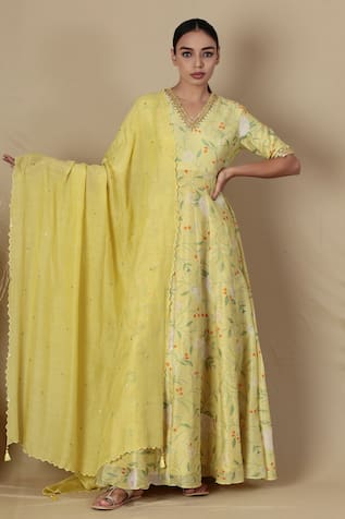 Blue Lotus Design Floral Print Anarkali With Dupatta 