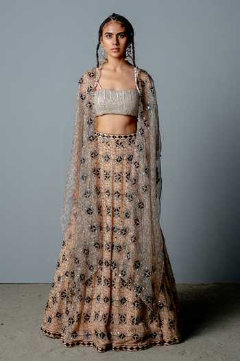 Pooja Rajgarhia Gupta Mosaic Block Print Cape Lehenga Set 