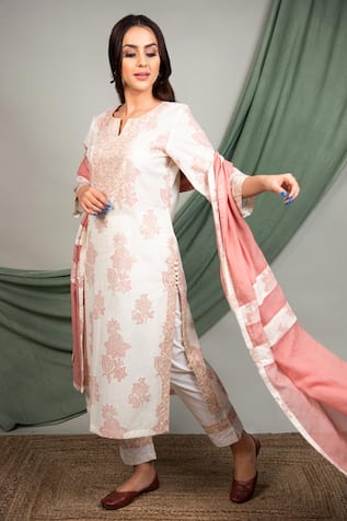 White & Brown Block Print Kurta Set For Kids