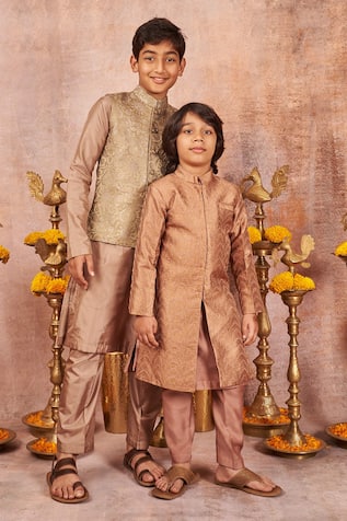 Dull Green Zari Work Bundi Kurta Set 