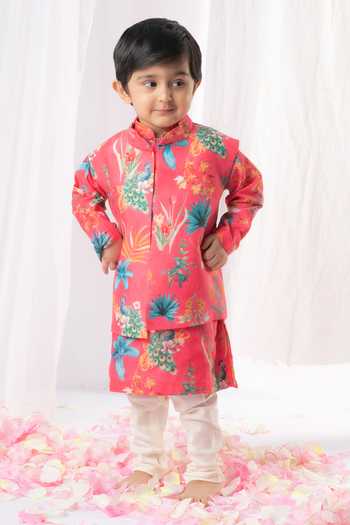 Lil Angels Floral Print Bundi Kurta Set 