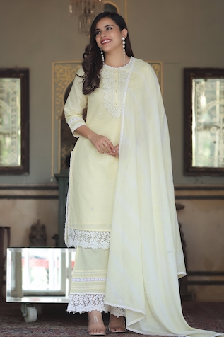 Bairaas Placement Floral Embroidered Kurta Palazzo Set