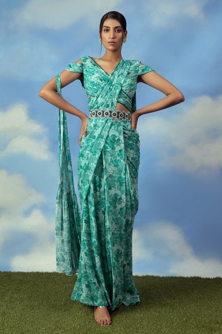 Adi By Aditya Khandelwl Floral Print Palazzo Saree With Blouse
