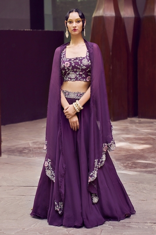 Charu and Vasundhara Ryley Floral Embroidered Lehenga & Cape Set