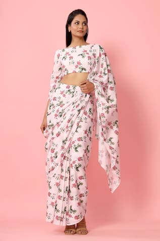 Pasha India Floral Print Pre-Draped Saree With Blouse 