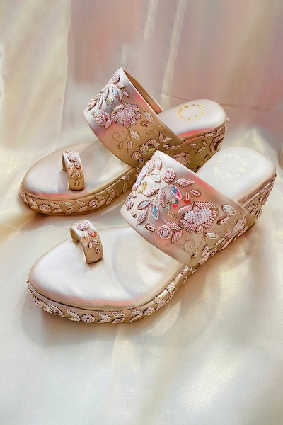 Buy Gold Embroidered Floral Wedges by Essem Online at Aza Fashions.