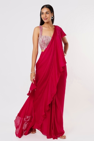 Masumi Mewawalla Silk Ruffle Pre-Draped Saree With Blouse