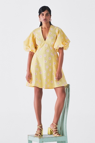 Buy Yellow Slip Shantoon Woven Floral Frilled Pattern Fit And Flare Dress  For Women by Mangalmay by Aastha Online at Aza Fashions.
