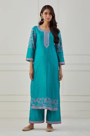 Turquoise Embroidered Kurta & Pant Set For Kids