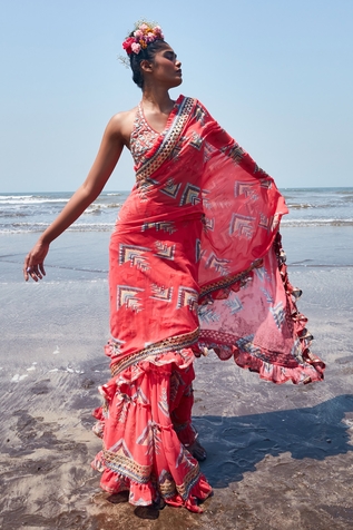 Gopi Vaid Nikita Frill Saree With Halter Blouse