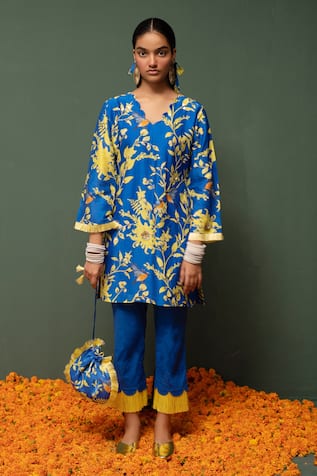 Floral Print Chanderi Silk Kurta & Pant Set For Kids