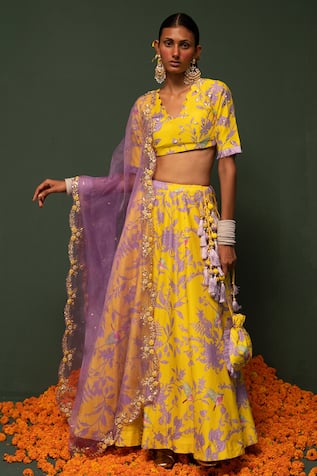 Floral Bird Printed Lehenga Set For Kids