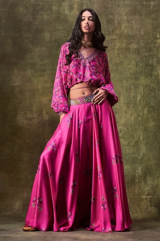 Magenta pink zari butta crop top with skirt - set of two by Niram