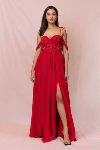 Pinup By Astha Off Shoulder Pleated Gown 
