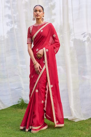 Two-Toned Red Lycra Based Saree - Clothsvilla