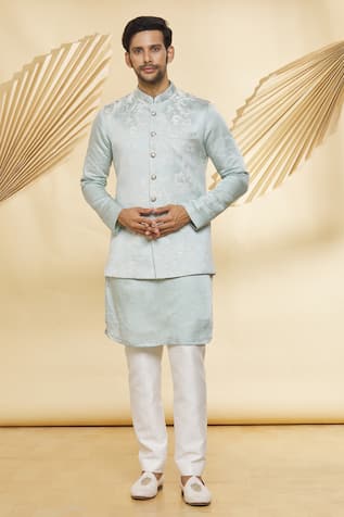 Buy Mustard Nehru Jacket And Navy Blue Kurta Set With Patola Printed Jaal  Online - Kalki Fashion