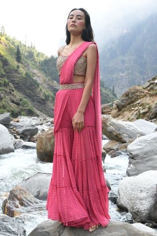 Paulmi and Harsh Geometric Print Sharara Saree With Blouse