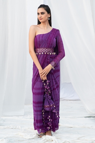 Bharat Adiani Tie Dye One Shoulder Saree Gown