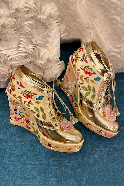 Buy Gold Embroidered Floral Wedges by Essem Online at Aza Fashions.