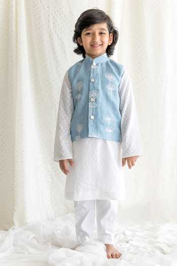 Chotibuti Blue Dandelion Embroidered Bundi Kurta Set 