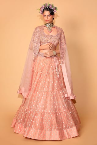 Peach Tiered Lehenga Set With Cape For Kids