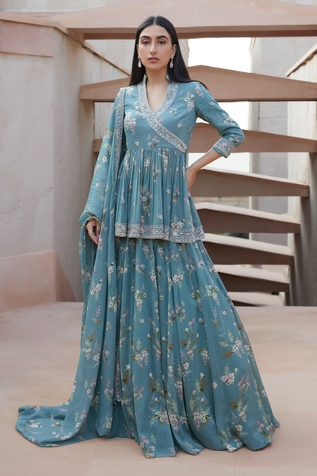 Sana Barreja Amira Printed Peplum Top & Lehenga Set