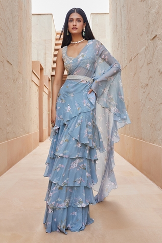 Sana Barreja Aasma Printed Ruffle Pre-Draped Saree Set