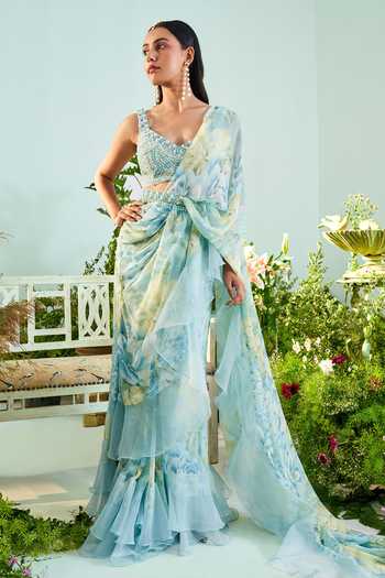 Mani Bhatia Aria Floral Print Ruffle Saree Set 