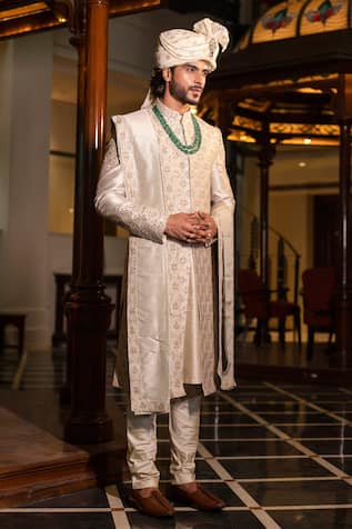 Fawn Sherwani with Contrast Velvet Buttons | Indian groom wear, Groom dress  men, Sherwani for men wedding