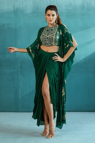 Mandira Wirk Foil Print Cape & Draped Skirt Set