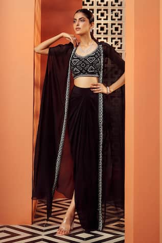 Embroidered Cape & Draped Skirt Set 