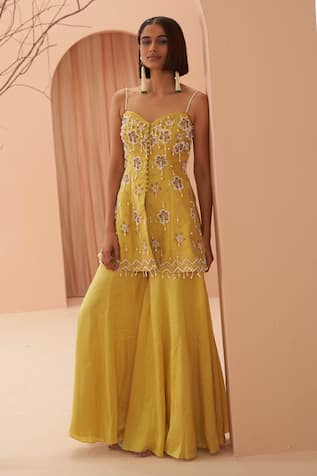 Floral Pearl Embellished Kurta Sharara Set For Kids