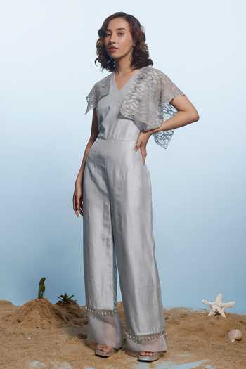 Eclat By Prerika Jalan Grey Pearl Applique Embroidered Jumpsuit 