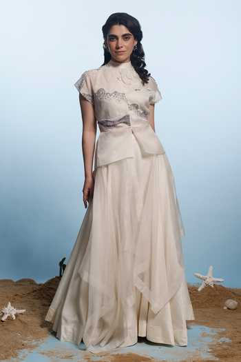 Eclat By Prerika Jalan Ombre Pearl Embellished Peplum Jacket Pant Set 