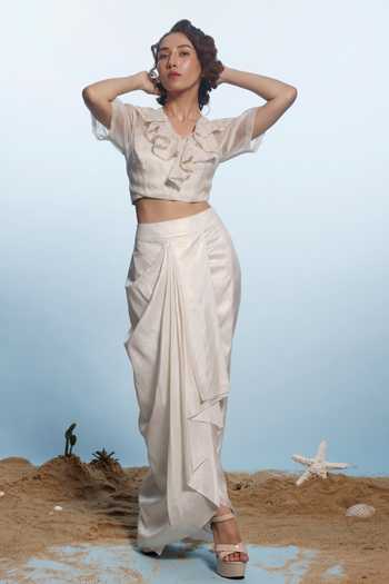 Eclat By Prerika Jalan Pearl Embroidered Ruffle Neck Crop Top Skirt Set 