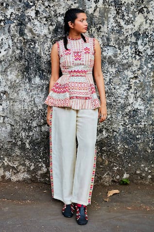 SVA by Sonam & Paras Modi Linen Embellished Peplum Top & Pant Set 