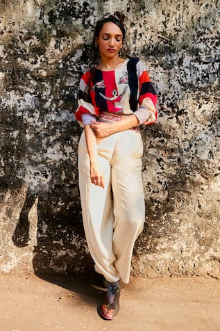 SVA by Sonam & Paras Modi Linen Shahar Stripe Print Cropped Blouse & Pant Set 