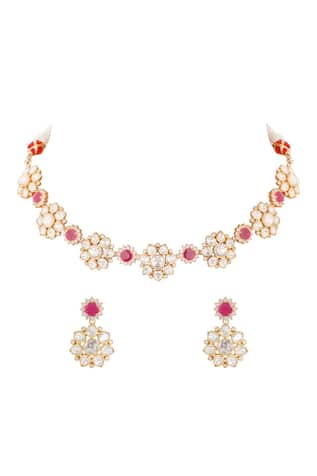 Sica Jewellery Floral Pattern Moissanite Polki Embellished Necklace Set 