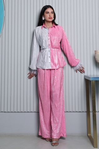 B'Infinite Metallic Pleated Shirt & Trouser Set