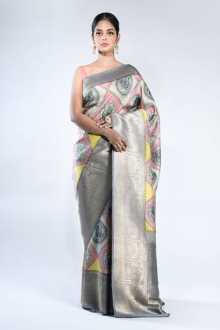 Steel Grey Handloom Woven Designer Silk Saree - Clothsvilla