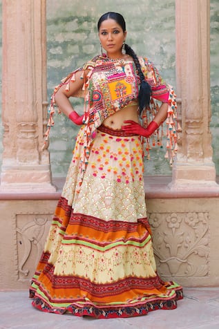 Ankur J Abstract Print Cape Lehenga Set 