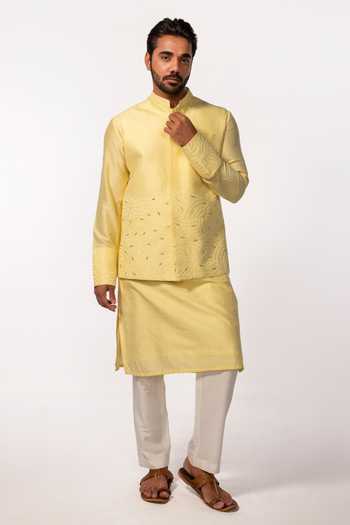 Kaka Calcutta Yellow Hand Embroidered Kurta Set With Bundi 