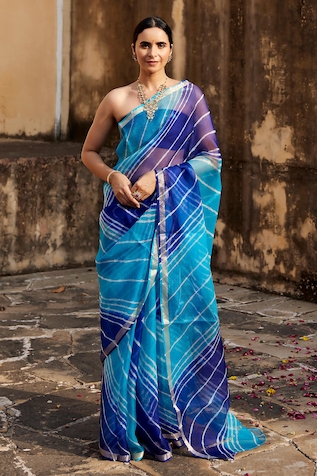 Geroo Jaipur Tie Dye Leheriya Saree With Unstitched Blouse Fabric