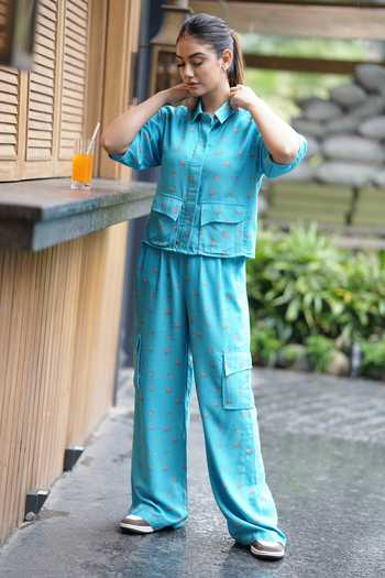 Leela By A Padma Print Crop Shirt & Cargo Pant Set 