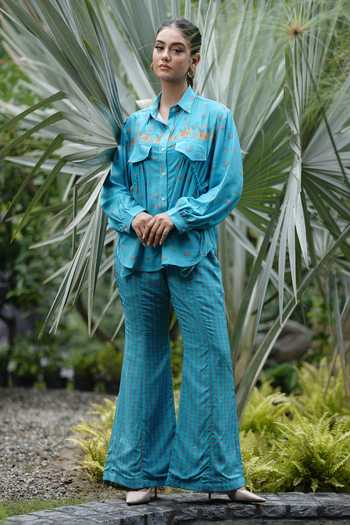 Leela By A Lotus Print Flap Shirt With Flared Pant 