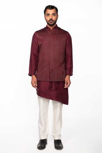 Kaka Calcutta Lotus Embroidered Bundi & Kurta Set 