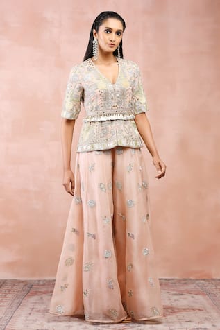 Payal Singhal Floral Embroidered Peplum Blouse & Sharara Set 