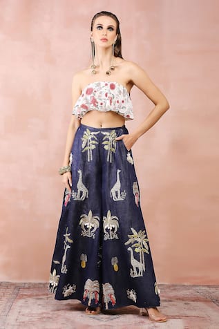 Payal Singhal Printed Top & Denim Embroidered Pant Set 