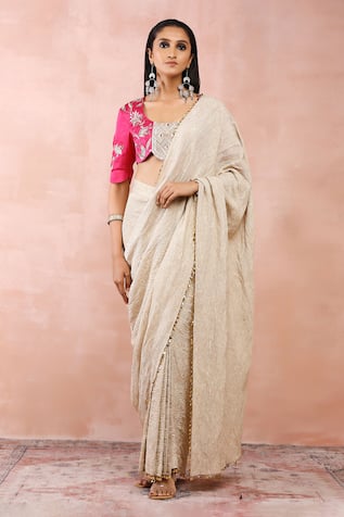 Payal Singhal Crinkled Pre-Draped Saree & Embroidered Blouse Set 